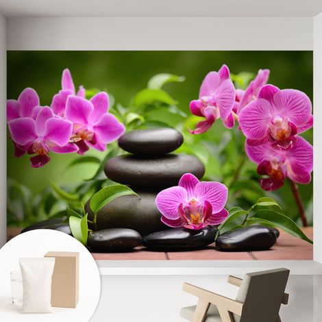 Papier peint intissé avec imprimé pour intérieur moderne application facile a motif - Colle incluse gratuite Orchidées et pierres 152x104 cm (1/5)