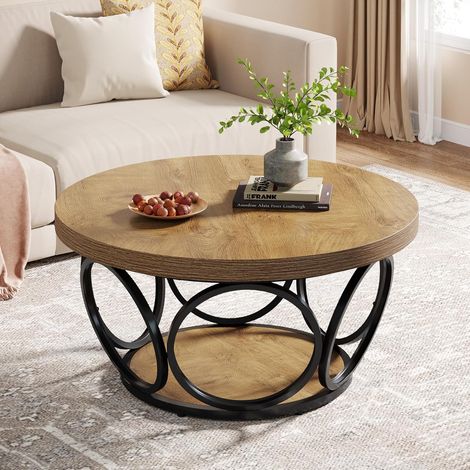 Tribesigns Round Coffee Table,80cm Round Wood Center Table, Farmhouse Large Circle Coffee Tables with 2-Tier Storage, Modern Simple Tea Table (Light Brown)
