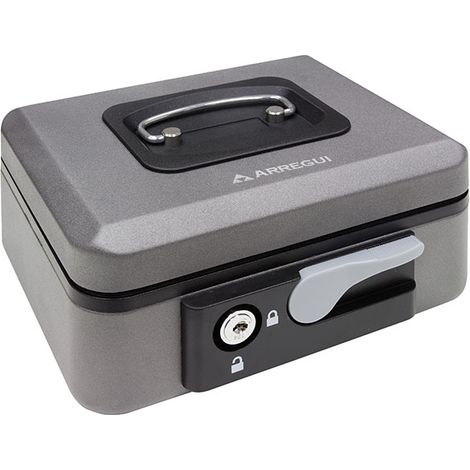 ARREGUI Popup C9726 Caja Caudales con Llave y Pulsador de Apertura para Contar y Transportar Dinero, Caja de Seguridad de acero y bandeja interior, Caja fuerte portatil 20 cm de ancho, Gris grafito