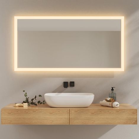 Miroir de Salle de Bain avec lumière LED 120 x 60 cm, Miroir de Salle de Bain LED 3000 K Blanc Chaud, Interrupteur Mural, Installation Verticale/Horizontale, Miroir Anti-Explosion IP44, économie (1/5)