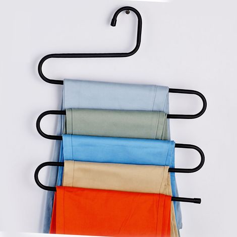 Porte-pantalons multifonctionnel, 5 niveaux, antidérapant, en forme de S, supporte une charge de 20 kg, gain de place dans le placard, noir.