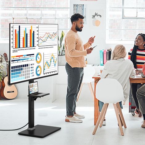 Support TV au Sol avec Prise Secteur Support Universel pour TV de 32-70 Pouces Jusqu'à 50kg Inclinable Réglable en Hauteur Noir (1/2)