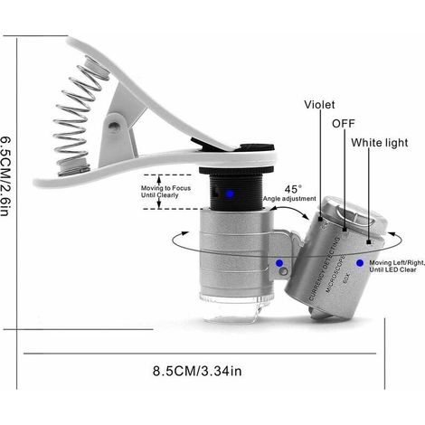 60x Magnification Microscope, Attachable Micro Lens for LED and UV Light for Most Cell Phones, Universal Cell Phone Holder (1/5)