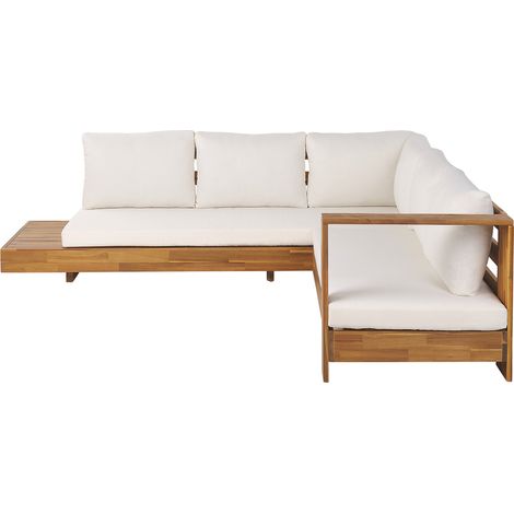 Sofá esquinero de exterior izquierdo conjunto mesa auxiliar de madera de acacia certificada blanco Marettimo (1/5)