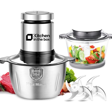 Hachoir Électrique 400W 2 Bols 1L Verre 2L Inox Hachoir 400W avec bol verre 1L et bol inox 2L, lames bi-niveau pour viande, légumes, fruits et oignons (1/5)