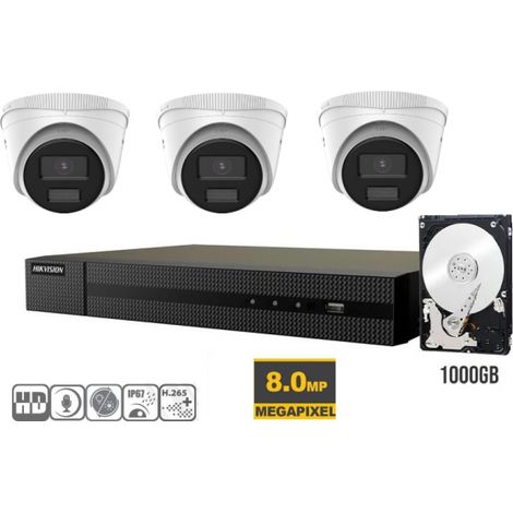 KIT VIDEOSORVEGLIANZA IP POE 4K NVR 8 CANALI POE 3 TELECAMERE DOME TURRET 8 MPX AUDIO HDD 1TB