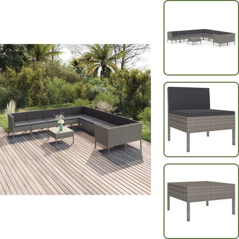 The Living Store Set Divani da Giardino 11 pz con Cuscini in Polyrattan Grigio - Set da giardino