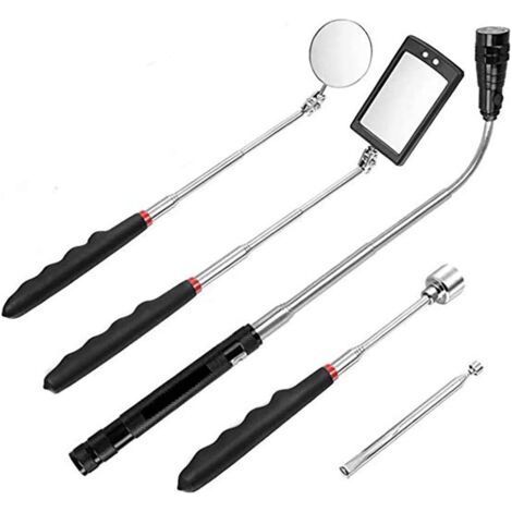 5Pcs Outil de Préhension Magnétique, 1.5/20lb Outil de Ramassage Aimanté et Miroir d'Inspection Carré/Rond, Avec LED et Poignée Télescopique Pivoter à 360°, Boîte et Batteries Inclus (1/5)