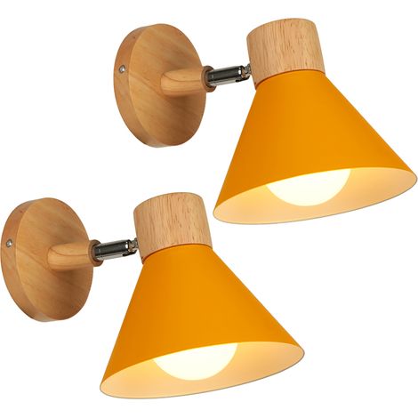 2pcs Applique Murale Intérieur Lampe de Mur Industrielle Vintage en Bois Métal Abat-jour Lampe de Chevet E27 pour Chambre Escalier Couloir Orange (1/5)