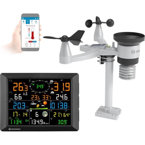 Station météo 1,5 km, Wi-Fi, capteur extérieur 7 en 1, solaire, UV, vent, pluie, téléchargement Wi-Fi, alarme, climat intérieur/extérieur