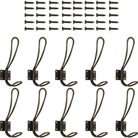Vintage Wandgarderobenhaken, 10 Stück, bronzefarbene, robuste Metallhaken, Doppelhaken zum Aufhängen von Kleidung, Jacken, Bademänteln, Handtüchern, Hüten, Schlüsseln und Taschen