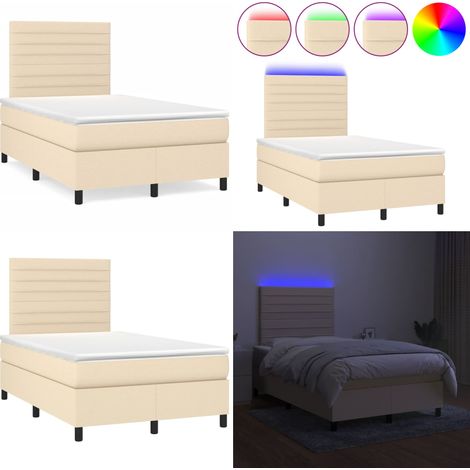 Sommier à lattes de lit matelas et LED crème 120x190 cm tissu - Sommier Tapissier - Lit Double - Matelas À Ressorts Ensachés - Éclairage Led - Têtière Ajustable - Home & Living (1/5)