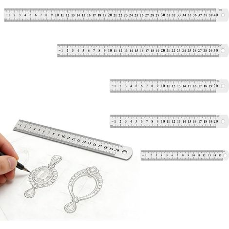 5 Pcs Regle Metal, Règle en Acier Inoxydable de 15/20/30/40 cm, Règles en acier inox avec graduation double face, règles pour enseignement, dessin de bureau et mesure des bords (1/5)