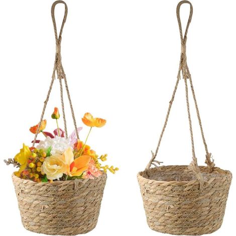 Lot de 2 paniers à suspendre en jonc de mer naturel avec corde de jute,pour plantes grasses, décoration intérieure et extérieure (1/5)