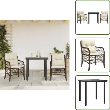 The Living Store Set Bistrò 3 pz con Cuscini Marrone in Polyrattan - Sedie da esterno