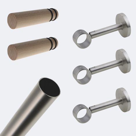 Kit de tringle à rideaux Nickel Mat 250cm Diam.28mm Embout Cylindre Bois - Fixation Mur - Boulet (1/3)
