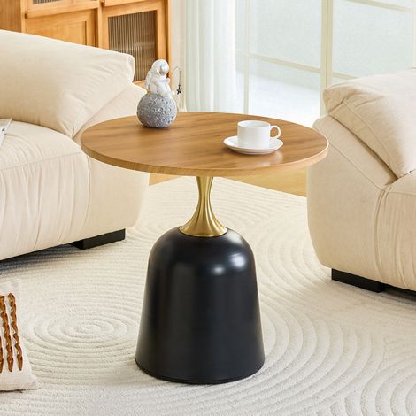 Mesa auxiliar redonda Ø60 cm con acabado madera y base metálica, estilo nórdico para salón, dormitorio u oficina (1/4)