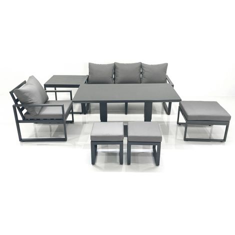 Fimous 7 Seater Garden Sofa Set Aluminium Furniture Rising Dining Tabe Set with Chair 3 Footstool Side Table Dark Grey (1/5)