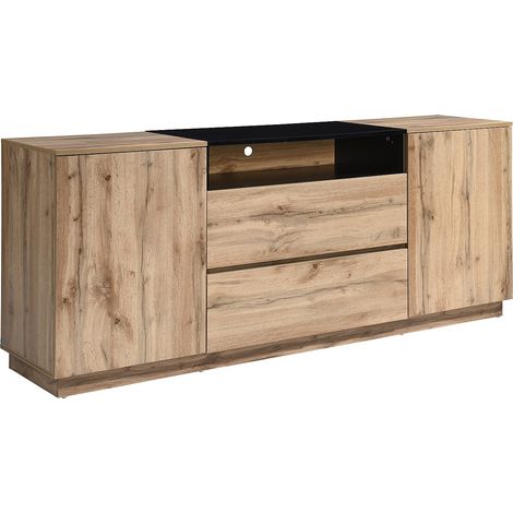 Vente-Unique – Buffet 180 cm avec 2 portes et 2 tiroirs – MDF naturel clair et noir – Mécanisme 'push to open' – Rangement moderne