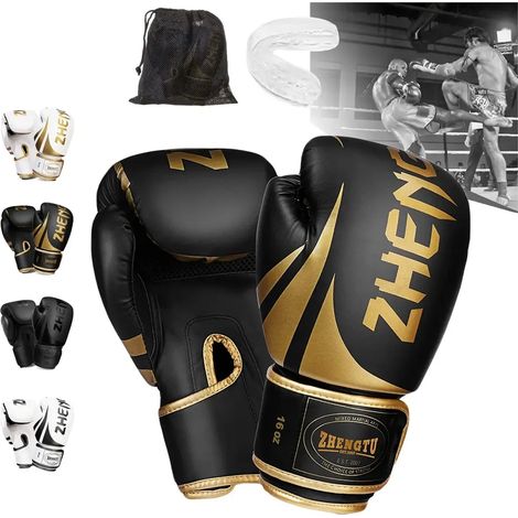 Gants de boxe pour kickboxing, fermeture velcro, 10-12 oz, noirs 10 oz
