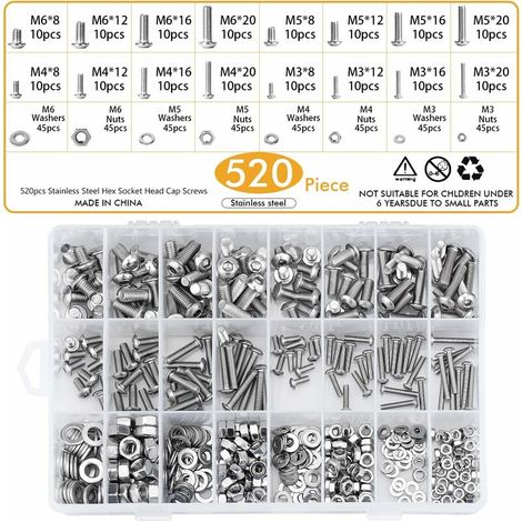 Vis à Tête Ronde en Acier Inoxydable 304, Assortiment Vis Inox M3 M4 M5 M6 avec Ecrous Hexagonale et Rondelles + Boîte de Rangement 520pcs Lefou (1/5)