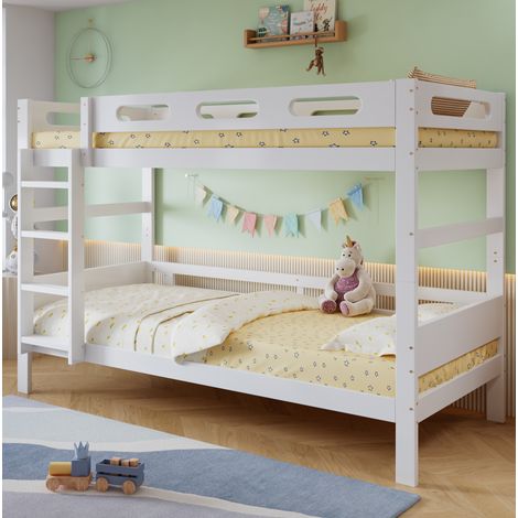 Lit superposé enfant moderne 90x200 cm en bois blanc, avec échelle fixe, barrière de sécurité et sommier à lattes (1/5)