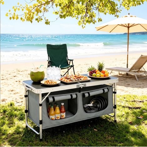 Mesa de camping plegable 120x47x62/69.5 cm negro y gris en aluminio y MDF con bolsa de almacenaje (1/5)