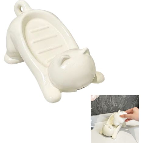 Porte-savon en forme de chat en plastique avec trous de drainage, base antidérapante pour évier support mural, décoration d'intérieur mignonne (1/5)