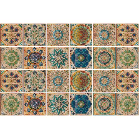 Lot de 24 carreaux adhesifs pvc motif mandala stickers muraux decoratifs cuisine salle de bain 10x10cm (1/5)