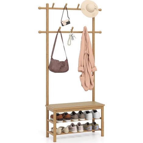 Costway – Porte manteau 3 en 1 avec banc en rotin PE – Étagère à chaussures 2 niveaux – 13 crochets – Cadre en bambou 169,5 cm pour couloir, chambre (1/5)