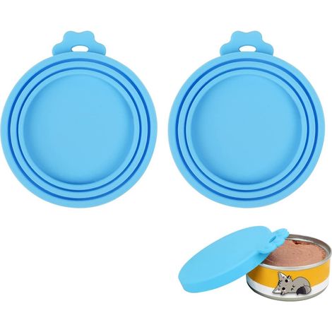 Lot de 2 couvercles pour boîtes de nourriture pour animaux, format 3 en 1, couvercles universels en silicone pour boîtes de nourriture pour chiens et chats, bleus (1/4)