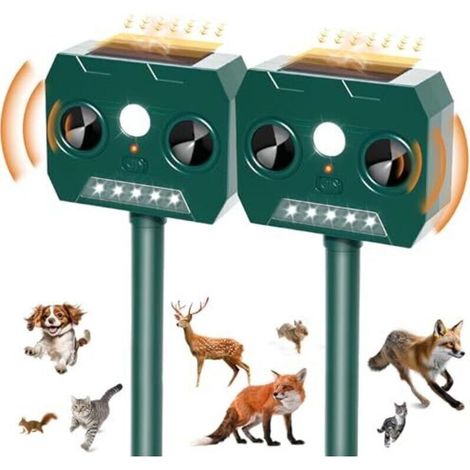 Lot de 2 répulsifs anti-martres, répulsif pour chats, répulsif solaire à ultrasons 120° pour chiens avec lumière LED, répulsif pour animaux résistant aux intempéries IP45 pour martres, chats, ratons l