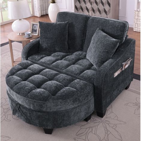 Divano letto 132x129x93 cm, trasformabile in chaise longue e lettino per bambini, con pouf contenitore, eucalipto, nero (1/5)