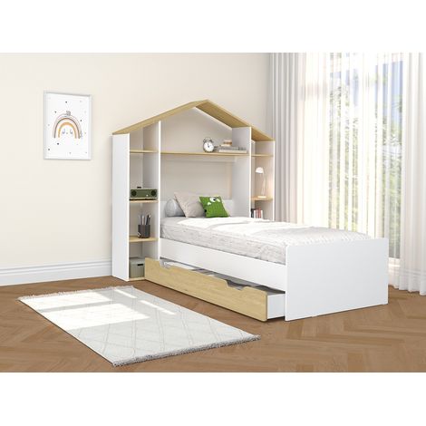 Letto a capanna 90 x 190 cm Bianco e Naturale + Materasso - JERACO (1/4)