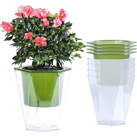 Ensemble de 5 jardinières à arrosage automatique, 13 cm, avec pots intérieurs transparents, pots d'intérieur pour herbes aromatiques et fleurs (vert). (1/5)