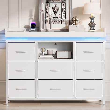 Commode 8 tiroirs, buffet salon, espace de stockage ouvert, éclairage LED, structure en métal, Pieds réglables en hauteur, 108x30x80 cm - Blanc (1/5)