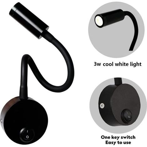 Lampada da lettura da parete nera da 3W, con collo flessibile e regolabile, in alluminio, ideale come applique da scrivania o lampada da comodino con interruttore a LED, per la protezione degli occhi (1/5)