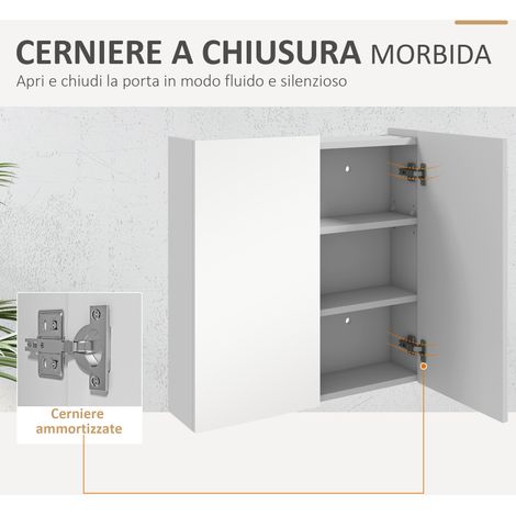 Armoire murale avec miroir, 3 tablettes ajustables en verre et bois, dimensions 60x15x60 cm, finition blanche.