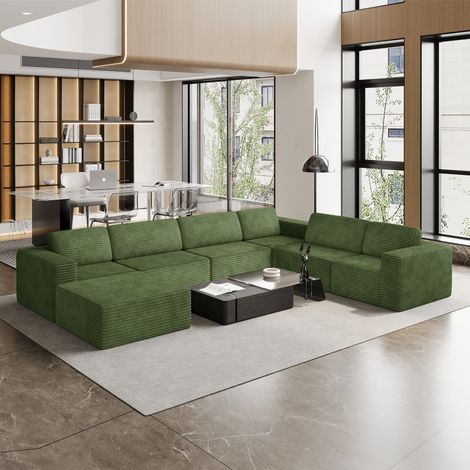 Canapé Modulaire Panoramique 7 places ouvert à gauche,Velours côtelé,1 Pouf,Canapé Compressé pour Grand Salon,404x303x82cm,Vert