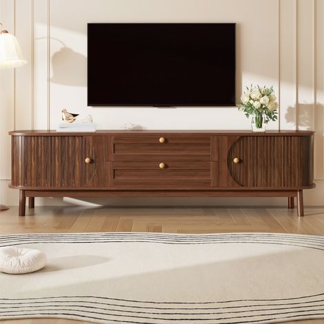 Meuble TV 170 cm en bois, style vintage rustique, avec 2 porte coulissantes et 2 tiroirs de rangement, meuble pour chambre - Couleur Noyer (1/5)