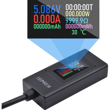 Tester USB C, tester per caricabatterie USB Type-C, voltmetro e amperometro 0-6,5 A 4-30 V, visualizza potenza, corrente, tensione e temperatura.