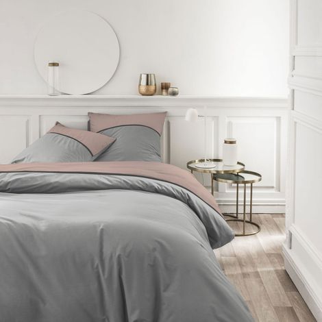 Parure de lit 3 pièces 240x220 cm percale tricolore gris et vieux rose