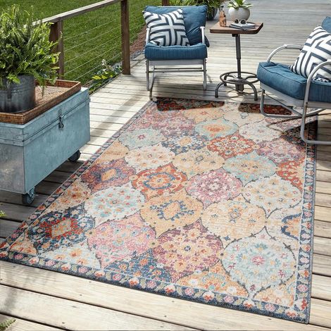 Tapis d'extérieur robuste, design moderne, résistant aux intempéries et aux UV, pour balcon, terrasse et jardin d'hiver, mais aussi pour la cuisine ou la salle à manger, multicolore, 200 x (1/5)