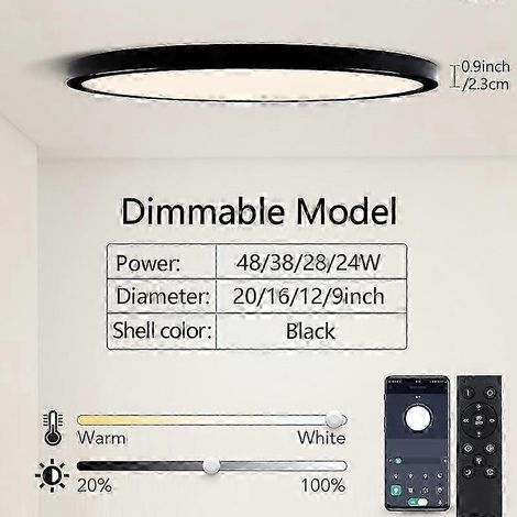 Plafonnier LED ultra-mince moderne de 50 cm (20 pouces) pour salon, luminosité réglable, panneau lumineux AC85-265V (24W noir - intensité réglable) (1/5)