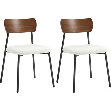 Lot de 2 chaises style vintage métal noir aspect bois effet laine bouclée blanc crème (1/5)