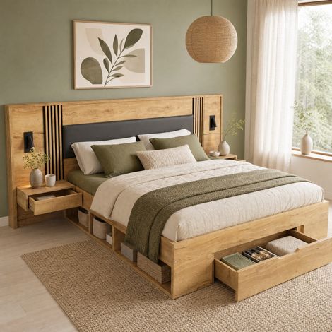 Lit double moderne MDF coloris naturel 160x200/180x200 cm avec tête de lit rembourrée, éclairage orientable et rangements (1/5)