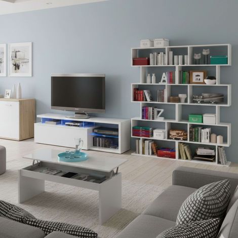 Pack Muebles De Salón Santorini Comedor Estilo Moderno (mesa Tv + 2 Estanterías + Mesa Centro Elevable)