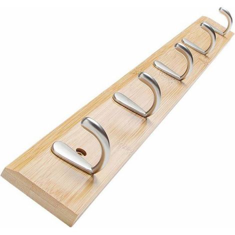 1 Porte-manteau mural, 5 patères, bambou naturel, finition peinte à l'eau, charge 5-10 kg, salle de bain, salon, entrée (1/4)