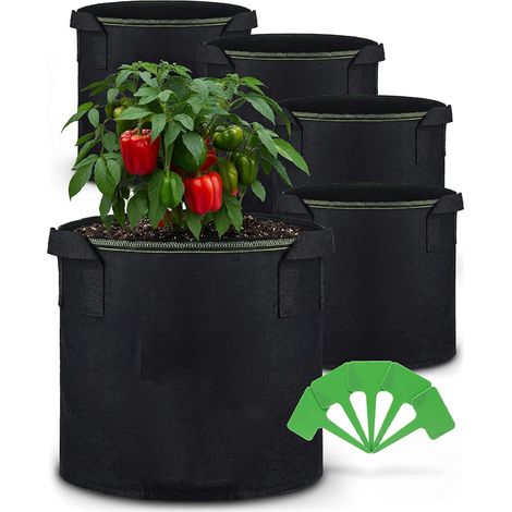 (5 Säcke) 30-Liter-Pflanzsäcke – mit Griffen und 5 Beschriftungsetiketten – Pflanzsäcke – Säcke für Kartoffeln, Gemüse, Pflanzen, Blumen, Erdbeeren (1/5)