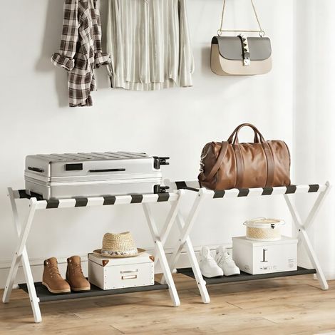 Lot de 2 porte-bagages en bambou pour chambre d'amis, 68 cm, pliable, large, avec étagère de rangement en tissu, support de bagage épaissi pour chambre à coucher, hôtel (1/5)